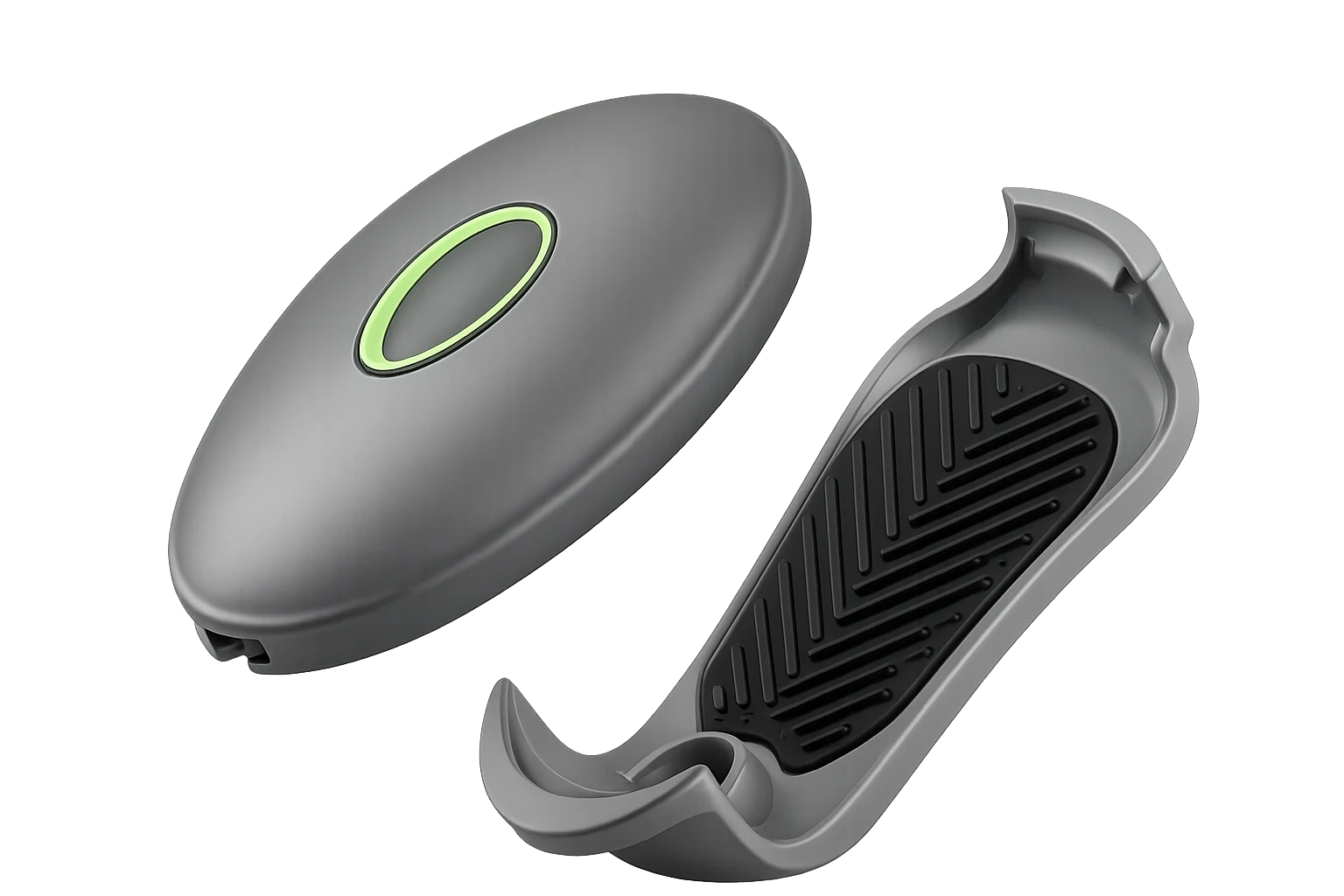 The Stirr device — a small charcoal sensor with a soft lace loop (product render)